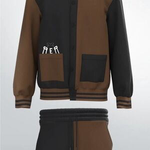Black and Brown jacket with ribbed cuffs and embroidered logo.